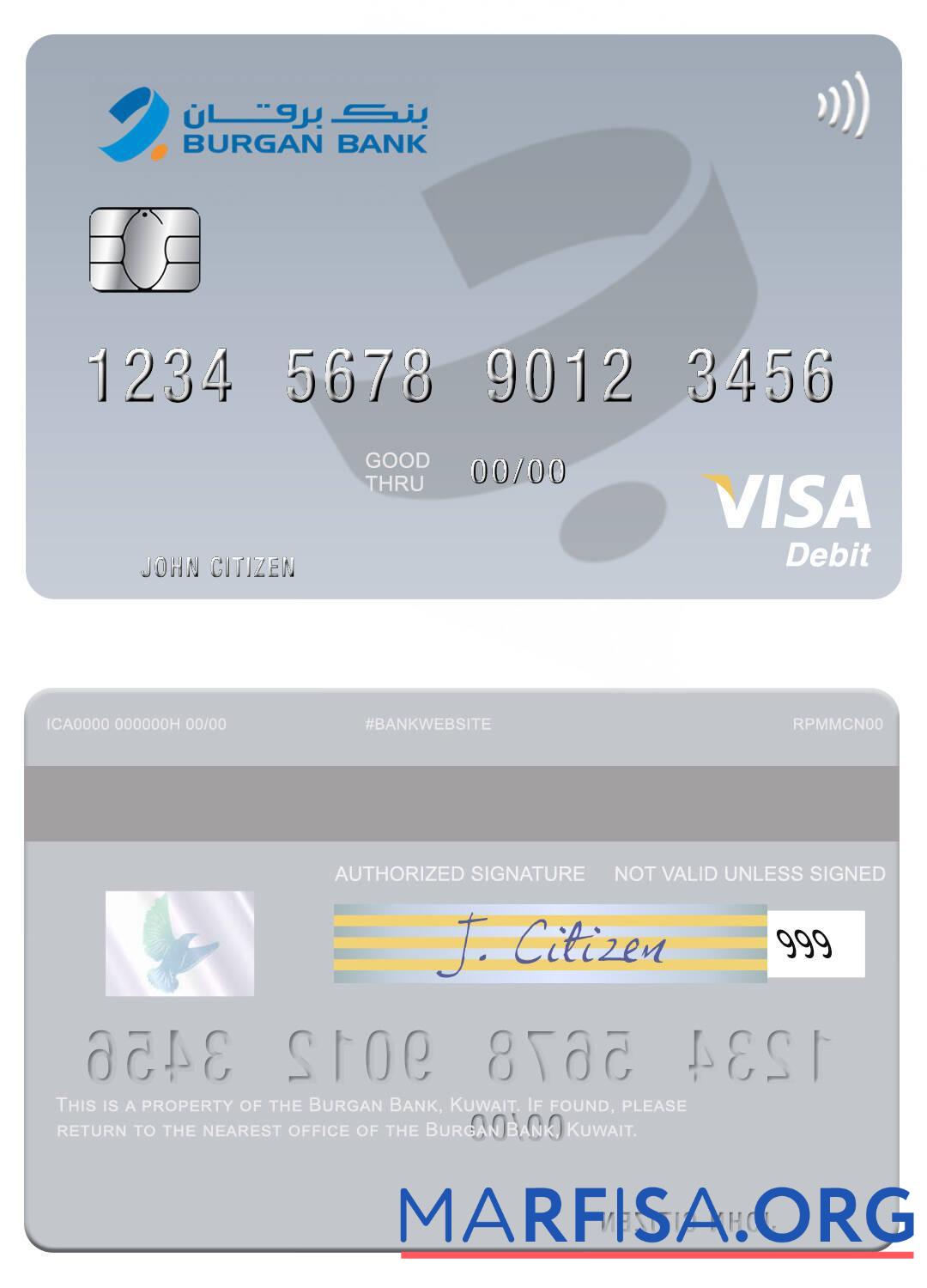 Realistic Kuwait Burgan Bank visa debit card sample